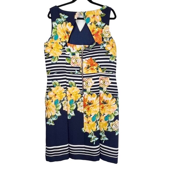 Dress 16W Dress Barn Navy Sleeveless Floral Striped Pockets Back Keyhole EUC - Picture 2 of 12